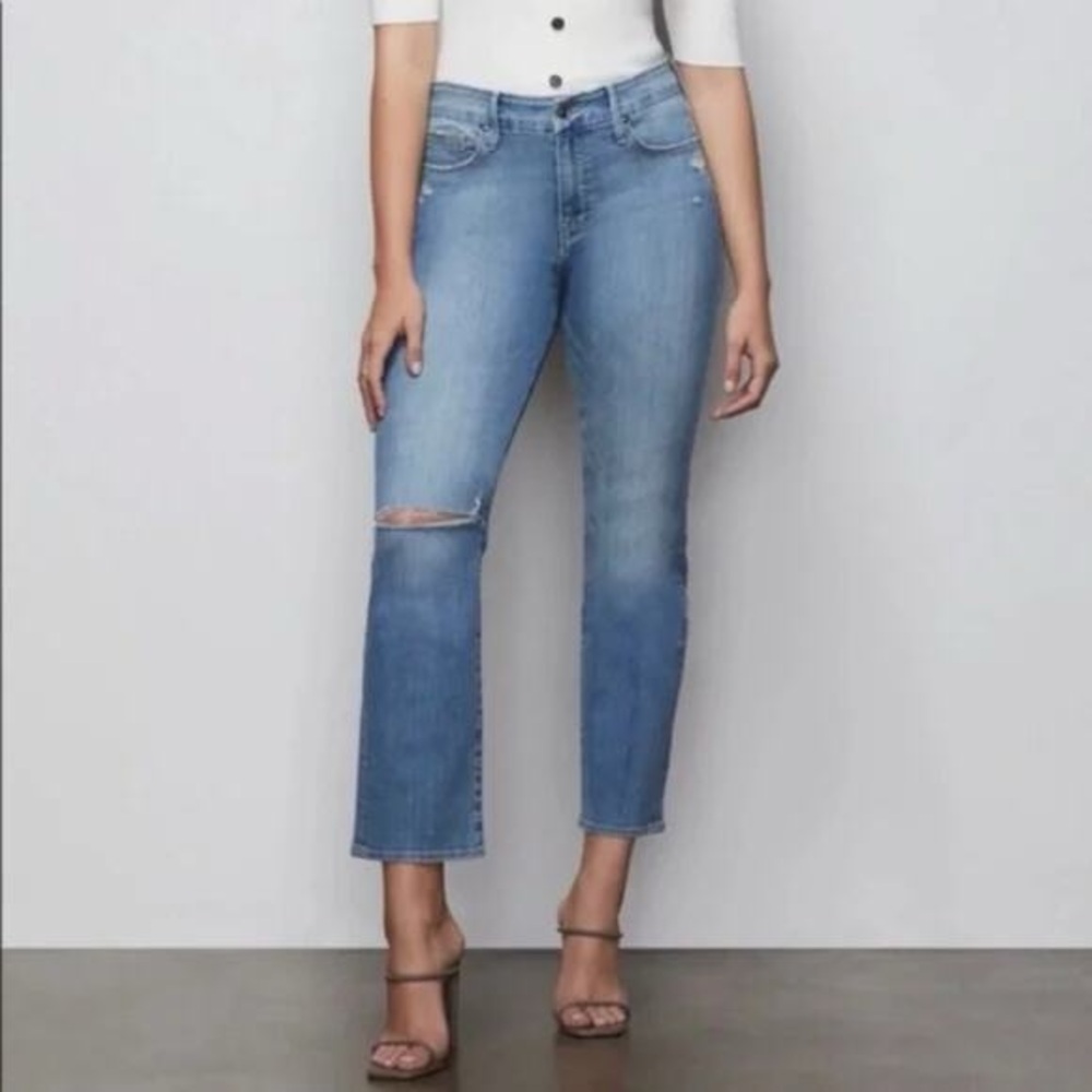 Good American Good Straight Jeans 24 High Rise Distressed Light Wash Crop Denim